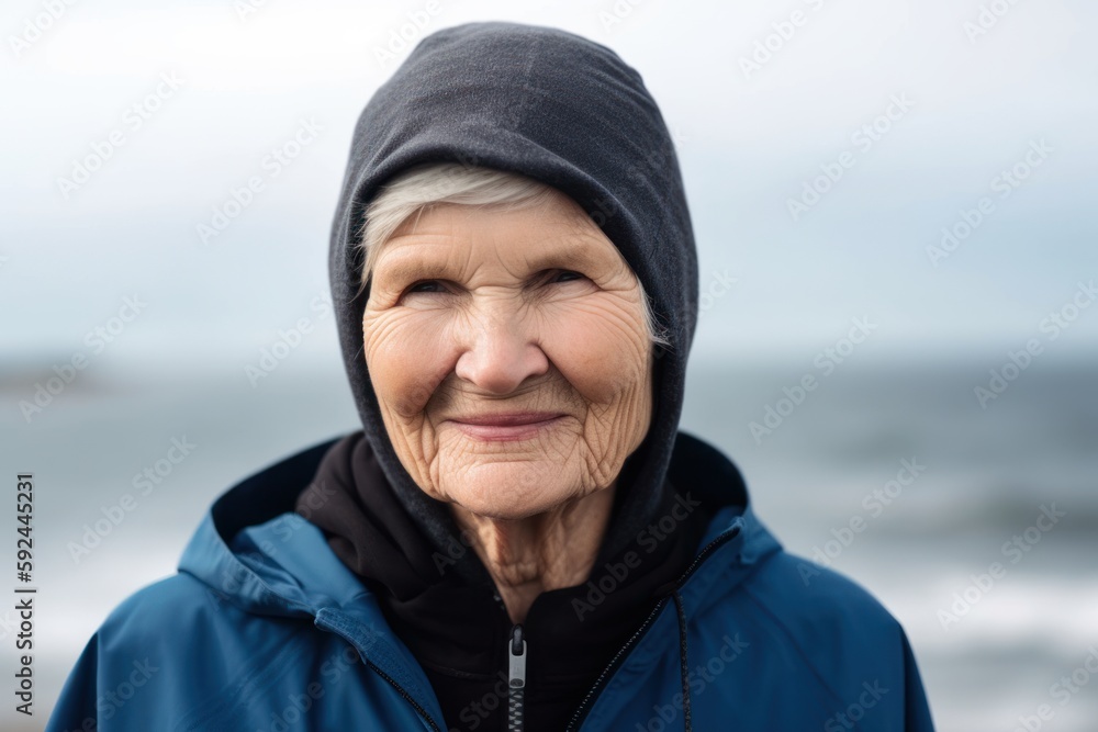 Portrait of smiling senior woman in winter jacket looking away on beach
