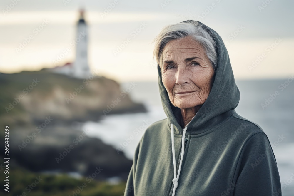 Portrait of senior woman standing in front of lighthouse on the coast Portrait of senior woman standing in front of lighthouse on the coast