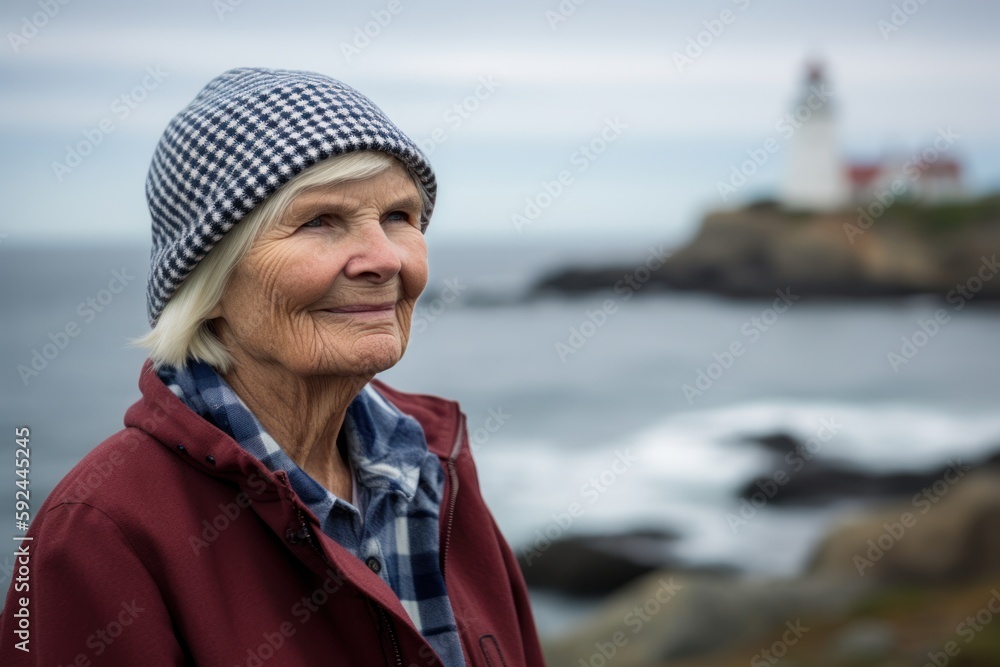 Portrait of senior woman standing in front of a lighthouse on a cloudy day Portrait of senior woman standing in front of a lighthouse on a cloudy day