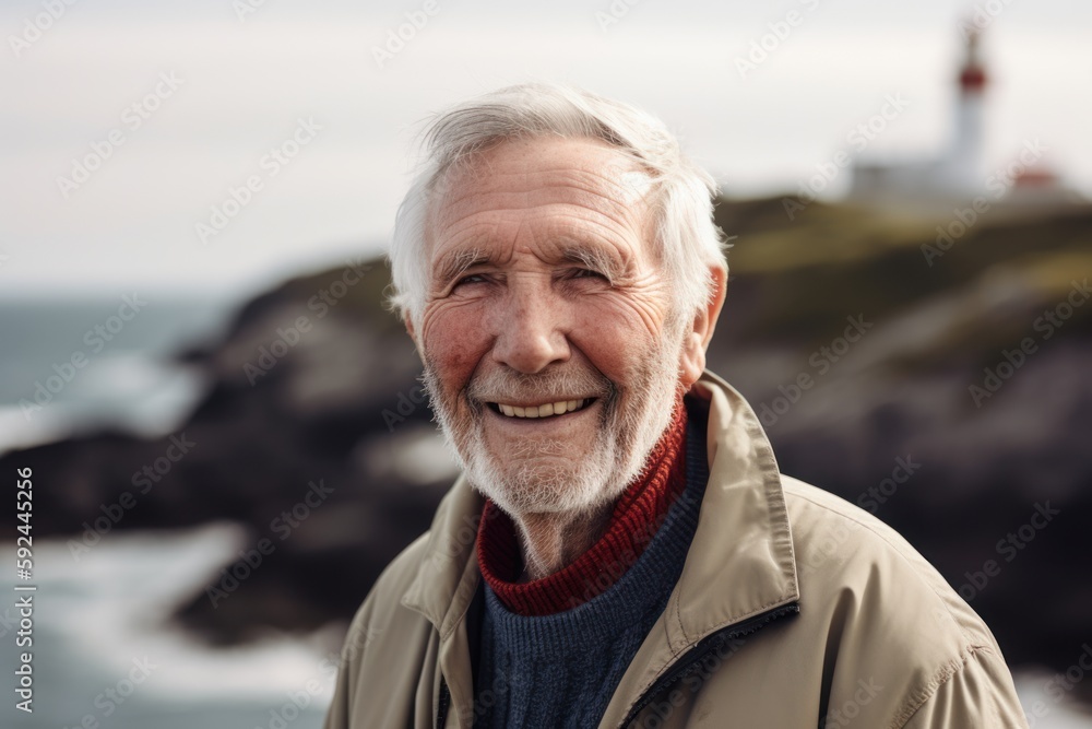 Portrait of senior man smiling at camera in front of a lighthouse Portrait of senior man smiling at camera in front of a lighthouse