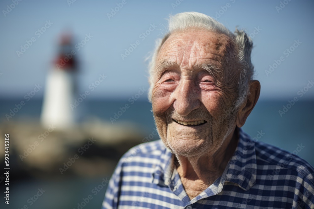 Portrait of a senior man at the beach with a lighthouse in the background