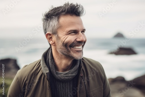 Portrait of handsome mature man smiling at camera on the beach.