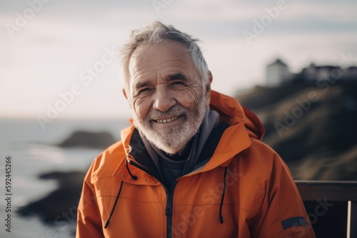 Portrait of a smiling senior man in a raincoat on the beach