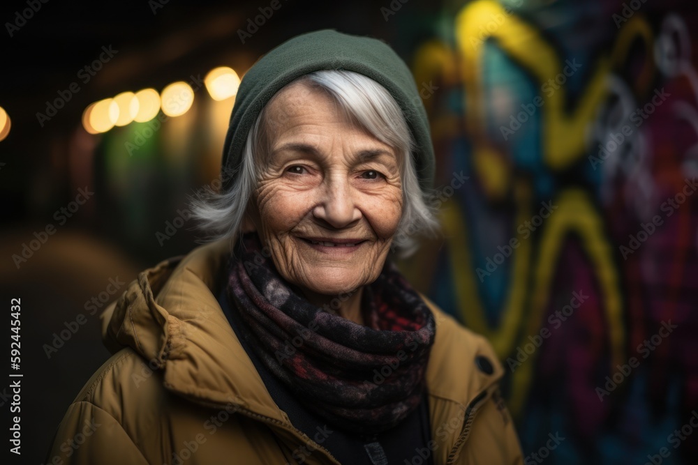 Portrait of a smiling senior woman in the street at night. Portrait of a smiling senior woman in the street at night.