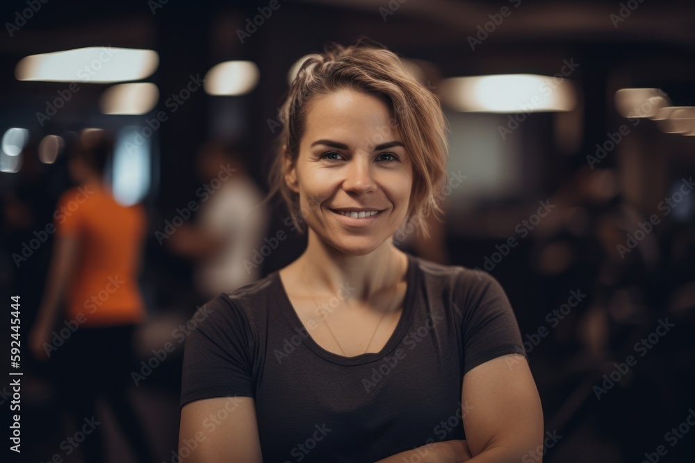 Portrait of smiling sporty woman with arms crossed in gym.