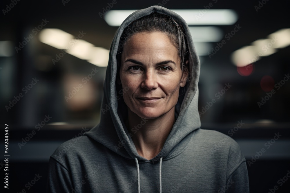 Portrait of mature woman in hoodie looking at camera in gym