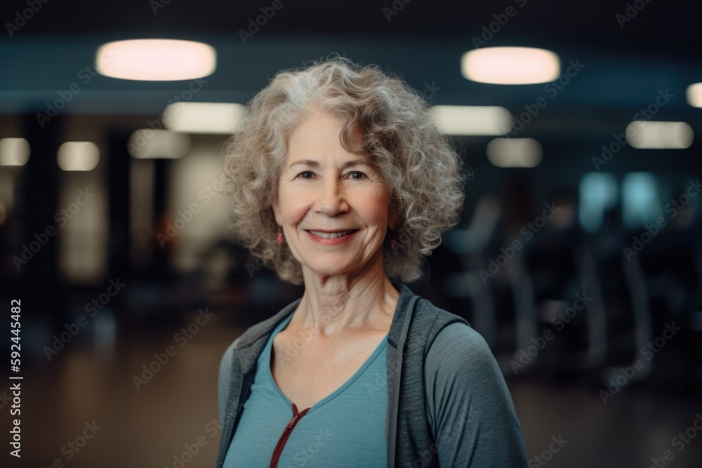Portrait of a smiling senior woman standing in a fitness center.