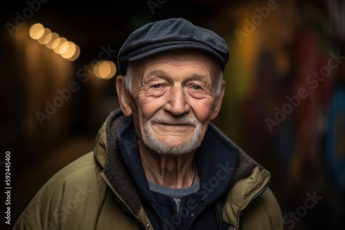Portrait of an old man in a cap in the street.
