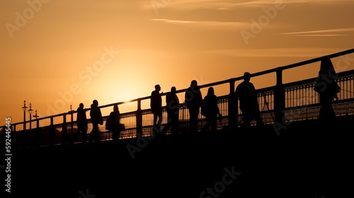 silhouettes people walking on the bridge on sundown background generative ai