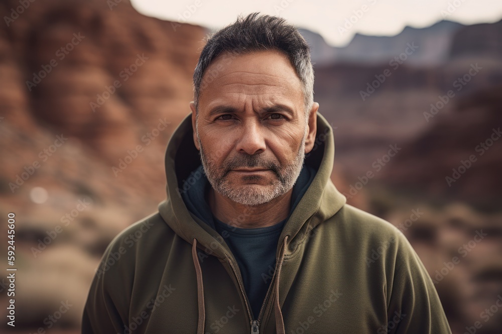 Group portrait photography of a satisfied man in his 40s wearing a stylish hoodie against a canyon or desert landscape background. Generative AI Group portrait photography of a satisfied man in his 40s wearing a stylish hoodie against a canyon or desert landscape background. Generative AI
