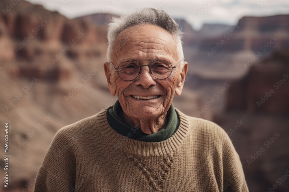 Medium shot portrait photography of a grinning man in his 80s wearing a cozy sweater against a canyon or desert landscape background. Generative AI Medium shot portrait photography of a grinning man in his 80s wearing a cozy sweater against a canyon or desert landscape background. Generative AI