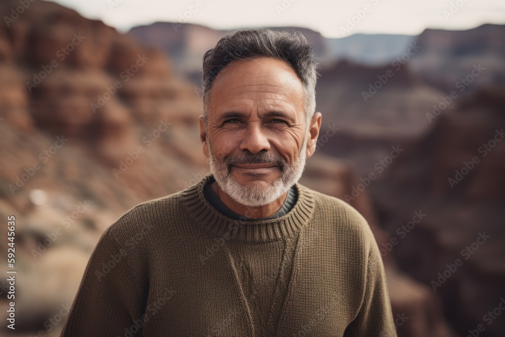 Conceptual portrait photography of a pleased man in his 50s wearing a cozy sweater against a canyon or desert landscape background. Generative AI Conceptual portrait photography of a pleased man in his 50s wearing a cozy sweater against a canyon or desert landscape background. Generative AI