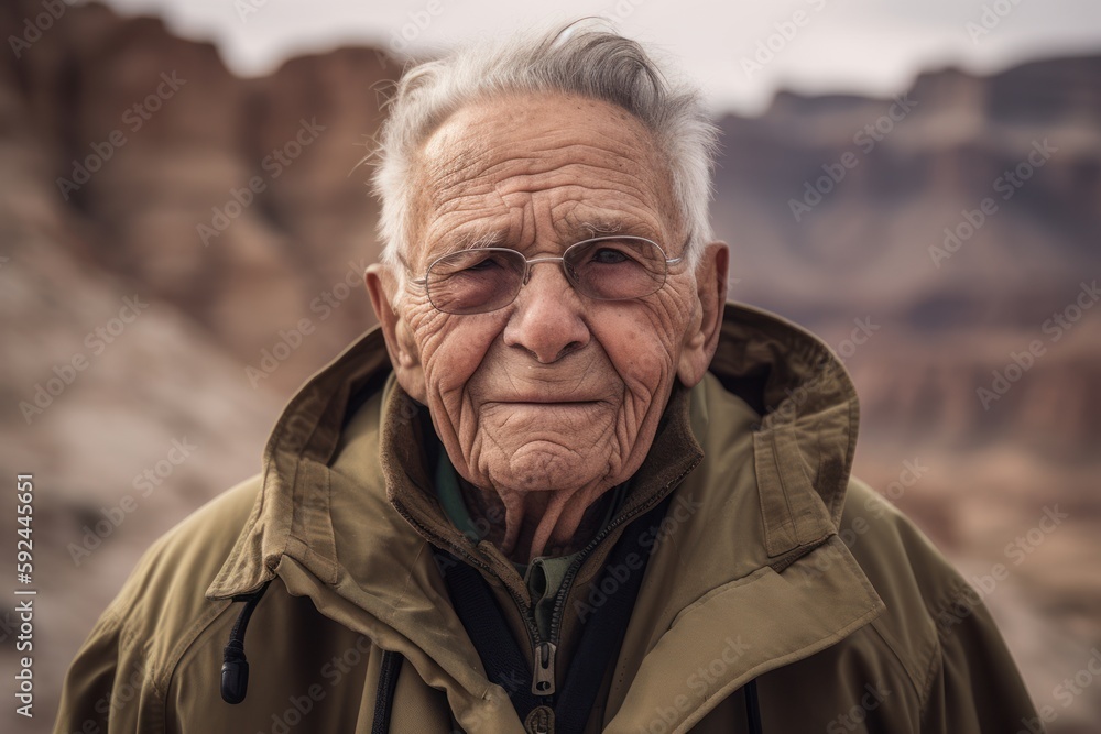 Headshot portrait photography of a satisfied elderly 100 years old man wearing a warm parka against a canyon or desert landscape background. Generative AI