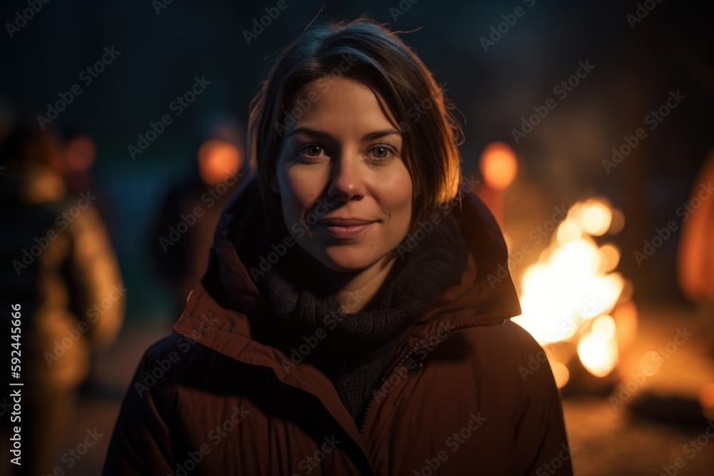 Portrait of a woman in front of a bonfire at night Portrait of a woman in front of a bonfire at night