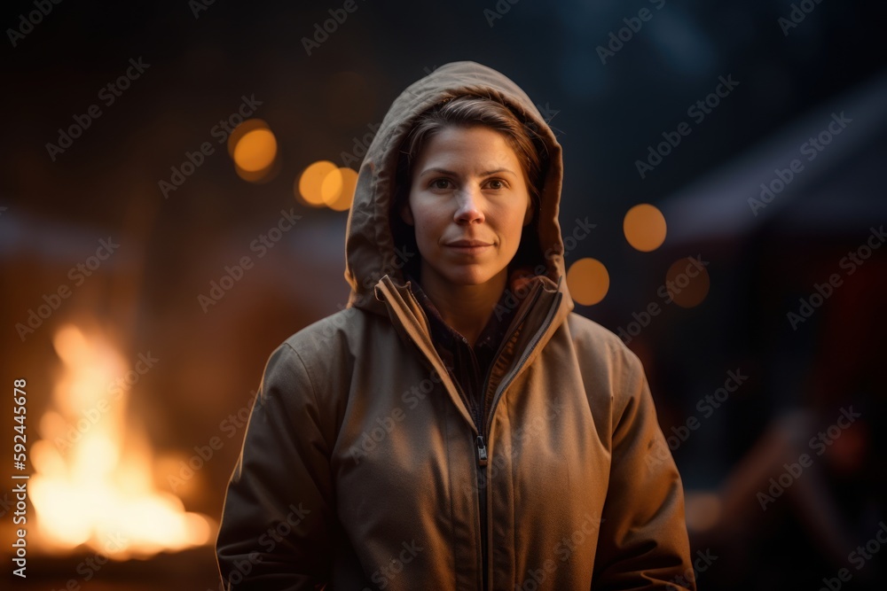 Portrait of a woman in a warm jacket on the background of a bonfire Portrait of a woman in a warm jacket on the background of a bonfire