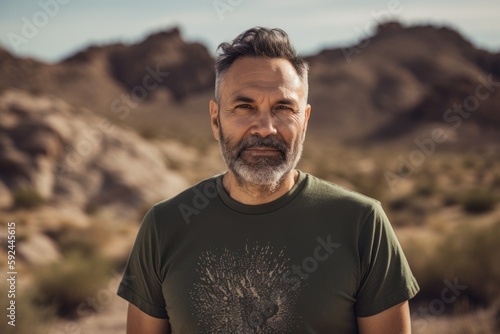 Portrait of middle aged man with grey beard and t-shirt in the desert