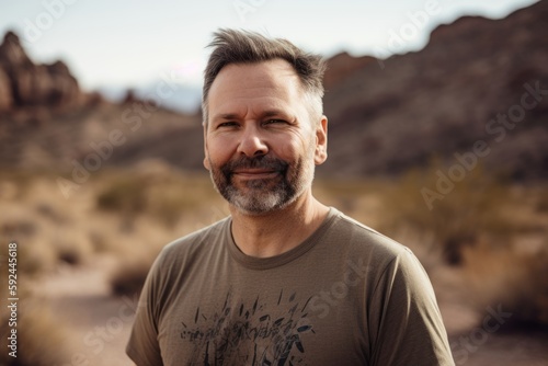 Portrait of a smiling middle-aged man standing in the desert