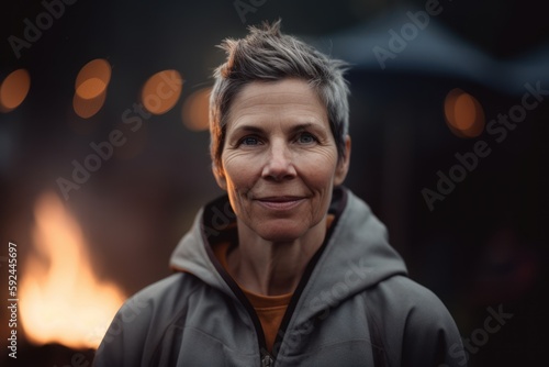 portrait of middle aged woman standing near bonfire at night in city