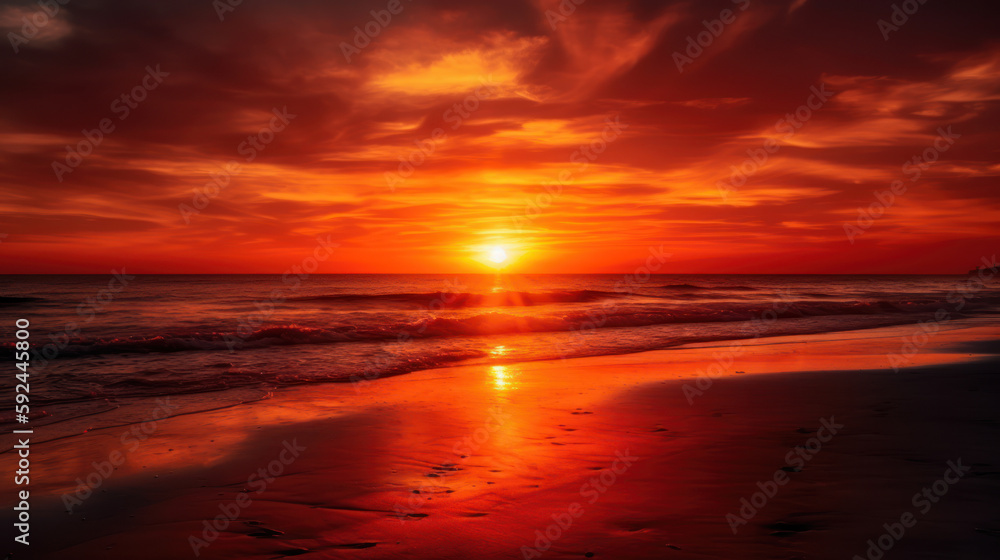 landscape orange evening sunset sky over the calm mirror surface of the sea generative ai