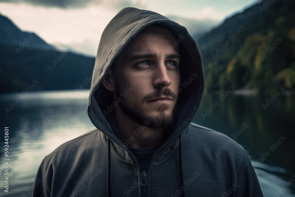 Portrait of a handsome young man in a hood on a mountain lake Portrait of a handsome young man in a hood on a mountain lake