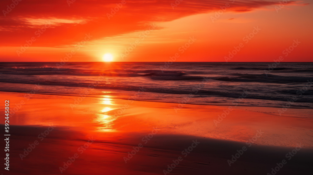 landscape orange evening sunset sky over the calm mirror surface of the sea generative ai