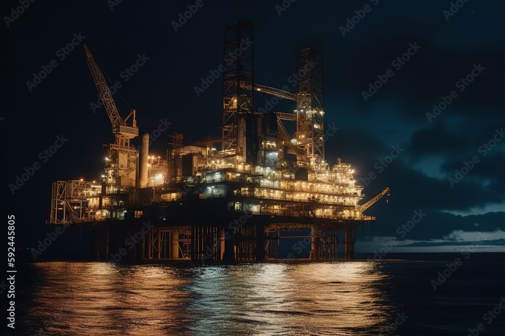 A drilling platform at night. Drilling platform lit up by artificial lights. Industrial and technological advancements that make offshore drilling possible even in the dark. Generative AI