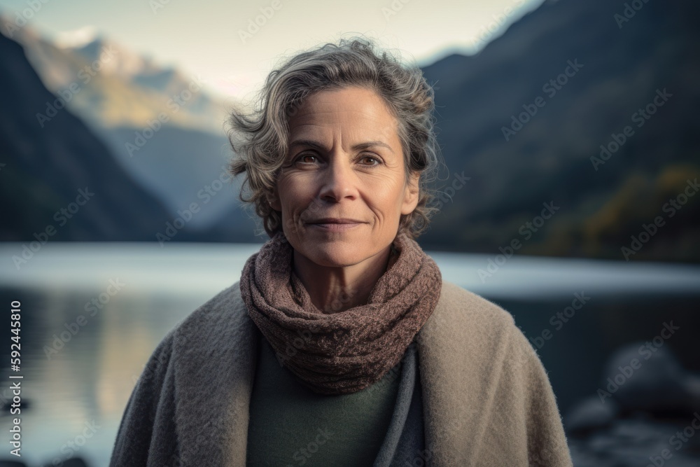 Portrait of beautiful senior woman with woolen scarf and woolen sweater standing in front of mountain lake Portrait of beautiful senior woman with woolen scarf and woolen sweater standing in front of mountain lake