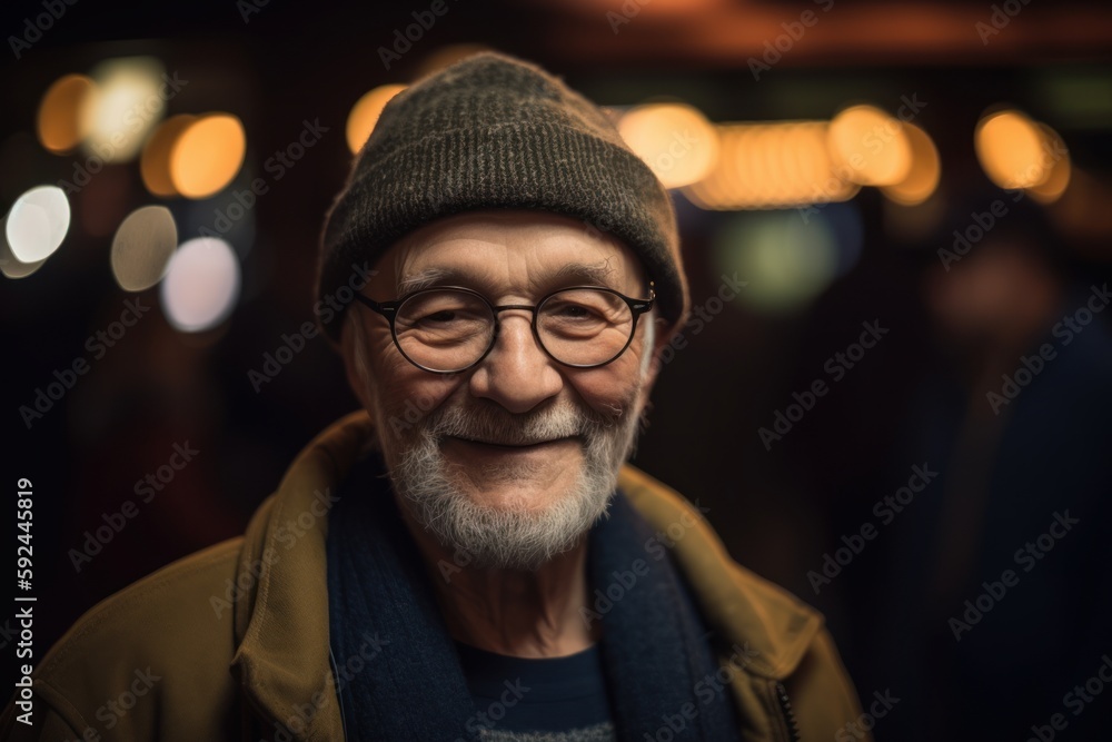 Portrait of a senior man with gray beard and glasses on the street at night Portrait of a senior man with gray beard and glasses on the street at night