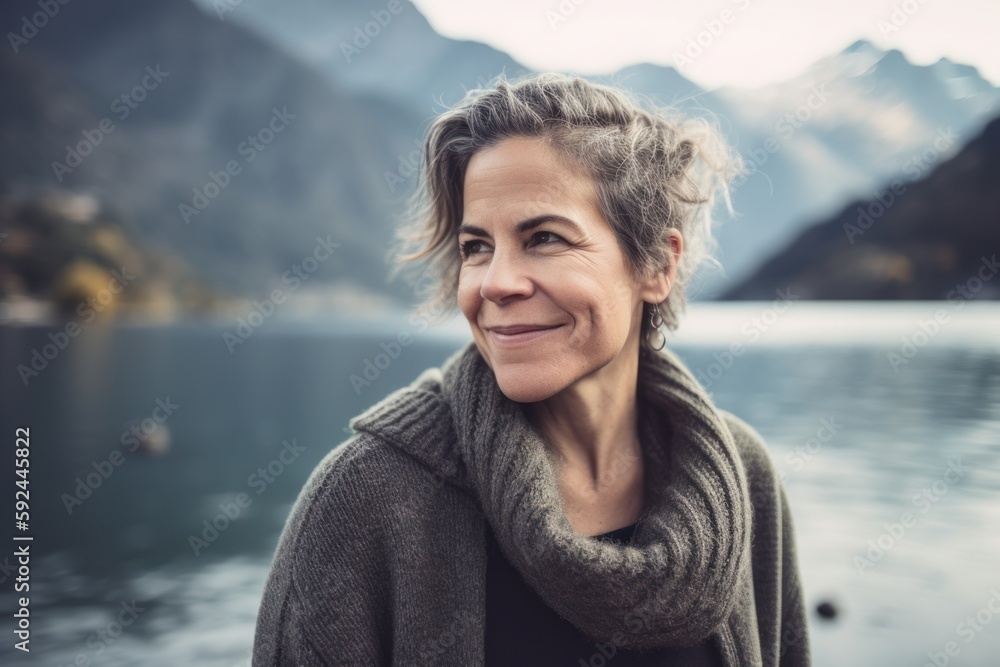 Portrait of a smiling middle-aged woman in a warm sweater and scarf on the background of the lake. Portrait of a smiling middle-aged woman in a warm sweater and scarf on the background of the lake.