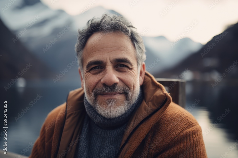Portrait of a handsome middle-aged man with gray hair and beard in a warm sweater on the background of mountains. Portrait of a handsome middle-aged man with gray hair and beard in a warm sweater on the background of mountains.