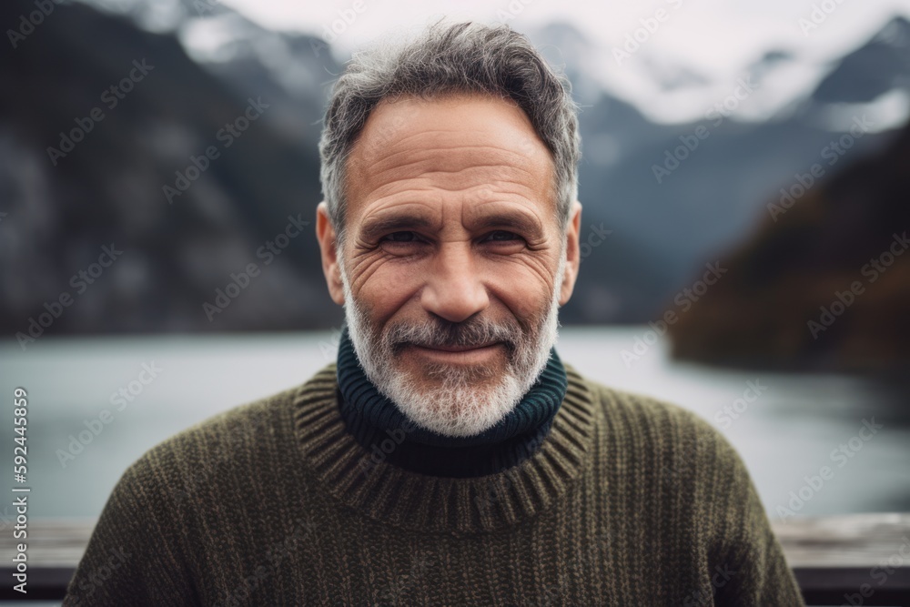 Portrait of a senior man in a knitted sweater on the background of mountains. Portrait of a senior man in a knitted sweater on the background of mountains.