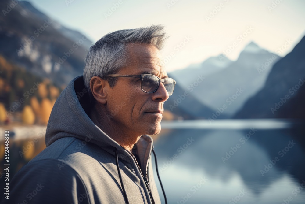 Lifestyle portrait photography of a satisfied man in his 50s wearing a stylish hoodie against a mountain lake or alpine background. Generative AI Lifestyle portrait photography of a satisfied man in his 50s wearing a stylish hoodie against a mountain lake or alpine background. Generative AI