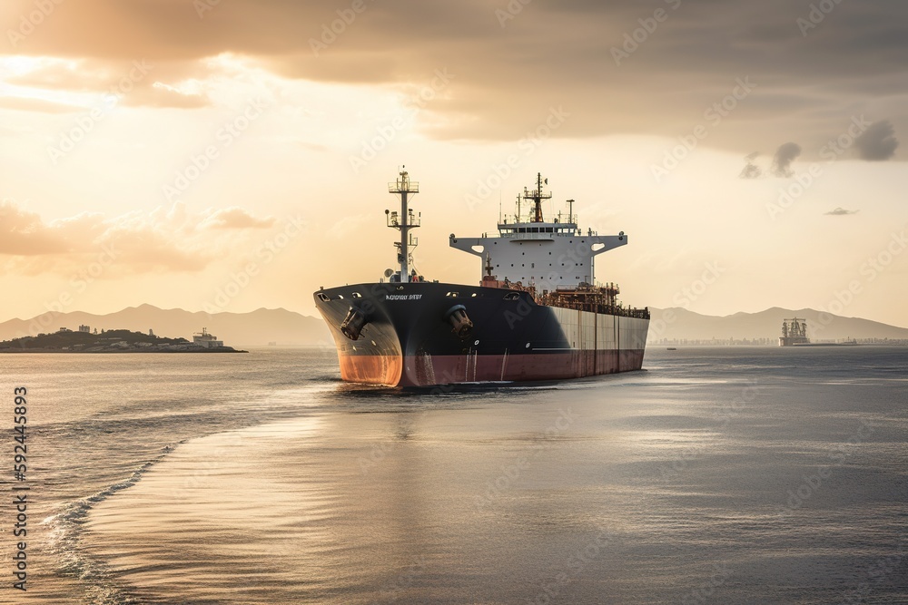 A tanker ship being loaded with oil. Tanker ship in the foreground and the drilling rig in the background. Generative AI