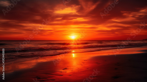 landscape orange evening sunset sky over the calm mirror surface of the sea generative ai © Poter