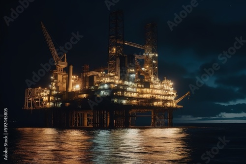 A drilling platform at night. Drilling platform lit up by artificial lights. Industrial and technological advancements that make offshore drilling possible even in the dark. Generative AI © bluebeat76