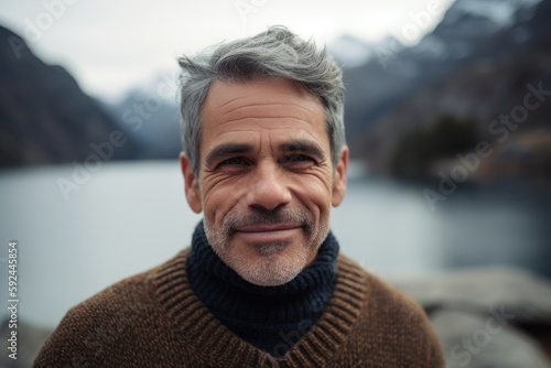 Portrait of a handsome middle-aged man with grey hair wearing a brown sweater and smiling at the camera in the mountains