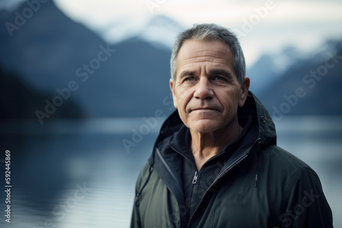 Portrait of a middle-aged man on a background of mountains