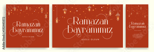 Holy Month of Muslim Community Ramadan Kareem, Feast of the Sacrifice greeting card, social media template, poster.(Turkish translation: Ramazan Bayramınız kutlu olsun. Kurban Bayramınız kutlu olsun.)