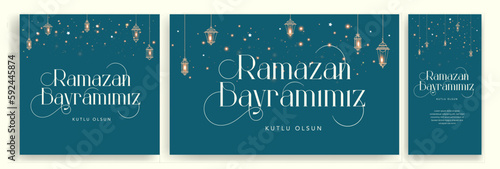 Holy Month of Muslim Community Ramadan Kareem, Feast of the Sacrifice greeting card, social media template, poster.(Turkish translation: Ramazan Bayramınız kutlu olsun. Kurban Bayramınız kutlu olsun.)