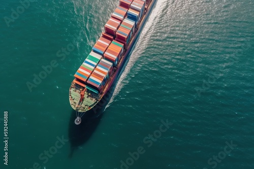 Aerial view of cargo ships that run in the middle of the ocean are transported container to the port. Generative AI © bluebeat76