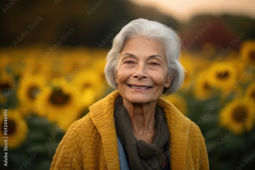 Portrait of a smiling senior woman in the field of sunflowers Portrait of a smiling senior woman in the field of sunflowers