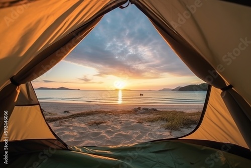 Camping on the white beach with beautiful panorama at sunrise light view from a tent. Generative AI.