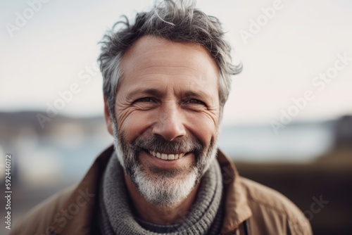 Portrait of smiling senior man with grey hair and beard looking at camera outdoors