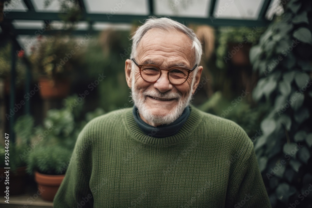 Portrait of a senior man with grey hair and glasses in his garden. Portrait of a senior man with grey hair and glasses in his garden.