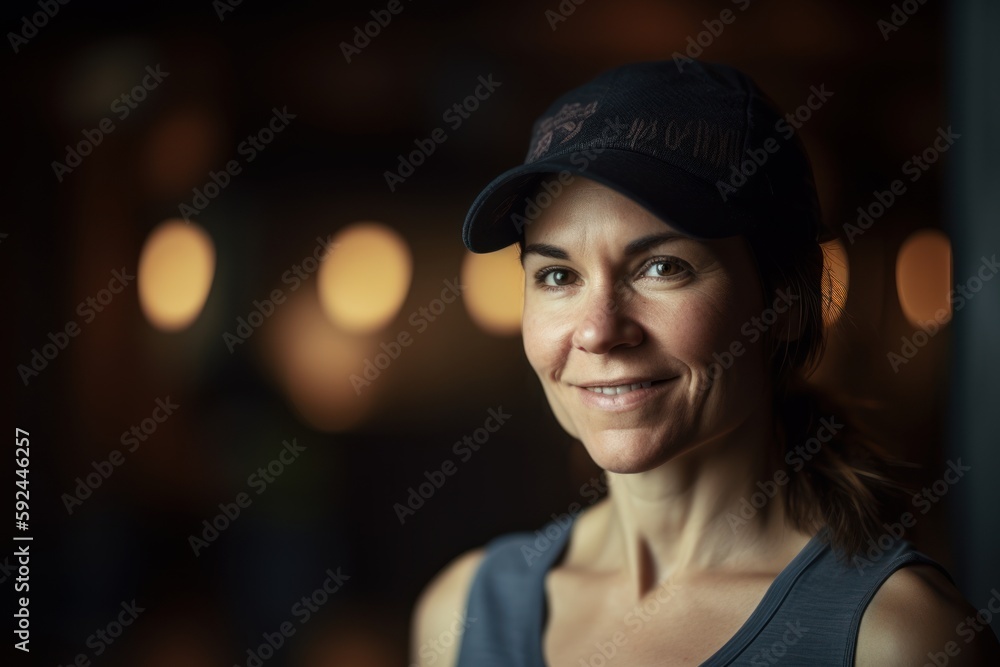 Portrait of smiling woman wearing cap and t-shirt looking at camera Portrait of smiling woman wearing cap and t-shirt looking at camera