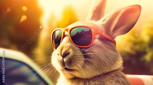 A Rabbit in sunglasses on car