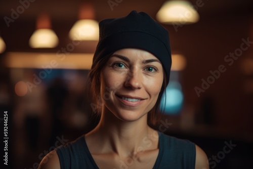 Portrait of smiling young woman in cap looking at camera in cafe