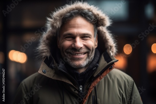 Portrait of a smiling middle-aged man in a winter jacket