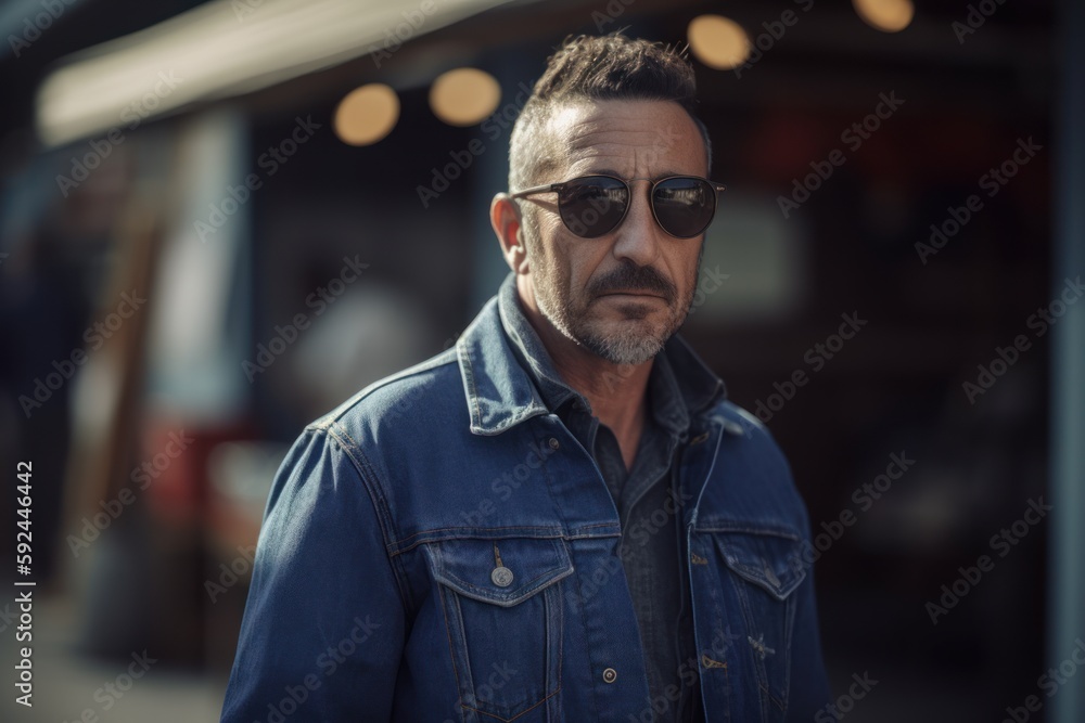 Portrait of a stylish middle-aged man in sunglasses and a denim jacket. Portrait of a stylish middle-aged man in sunglasses and a denim jacket.