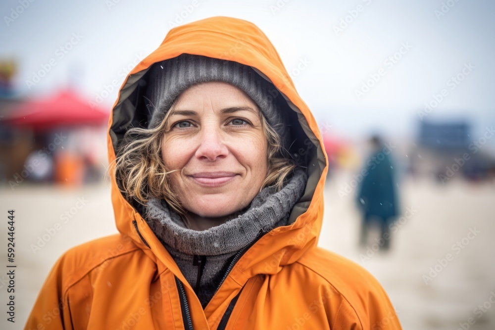 Portrait of a woman in an orange jacket on the beach in winter Portrait of a woman in an orange jacket on the beach in winter